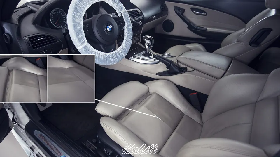 Коллаж: светлый салон BMW и крупные планы обивки