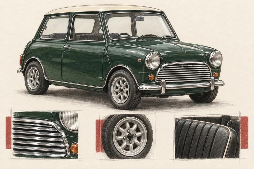 Зелёный классический Mini с белой крышей: иллюстрация решётки, колеса и отделки сиденья