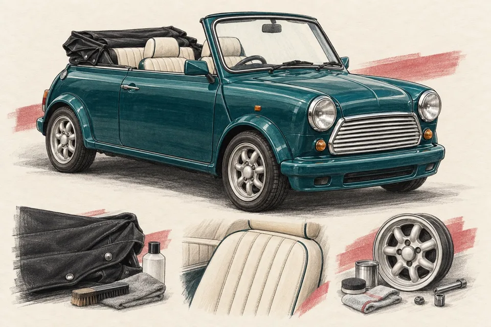 Бирюзовый Rover Mini Cabriolet: иллюстрация мягкой крыши, светлых сидений и колеса