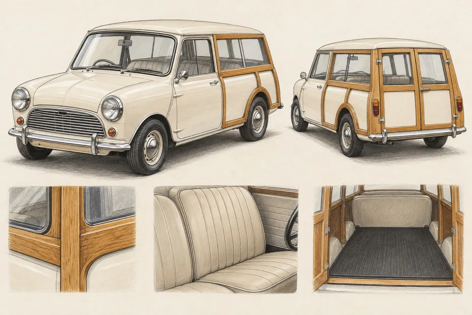Кремовый Mini Estate с деревянной отделкой задней части: иллюстрация кузова, сидений и багажника