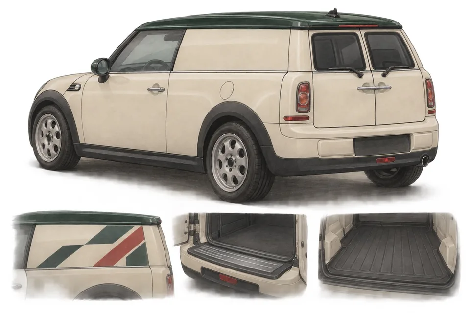 Кремовый MINI Clubvan R55 с зелёной крышей: иллюстрация боковой графики и грузового отсека