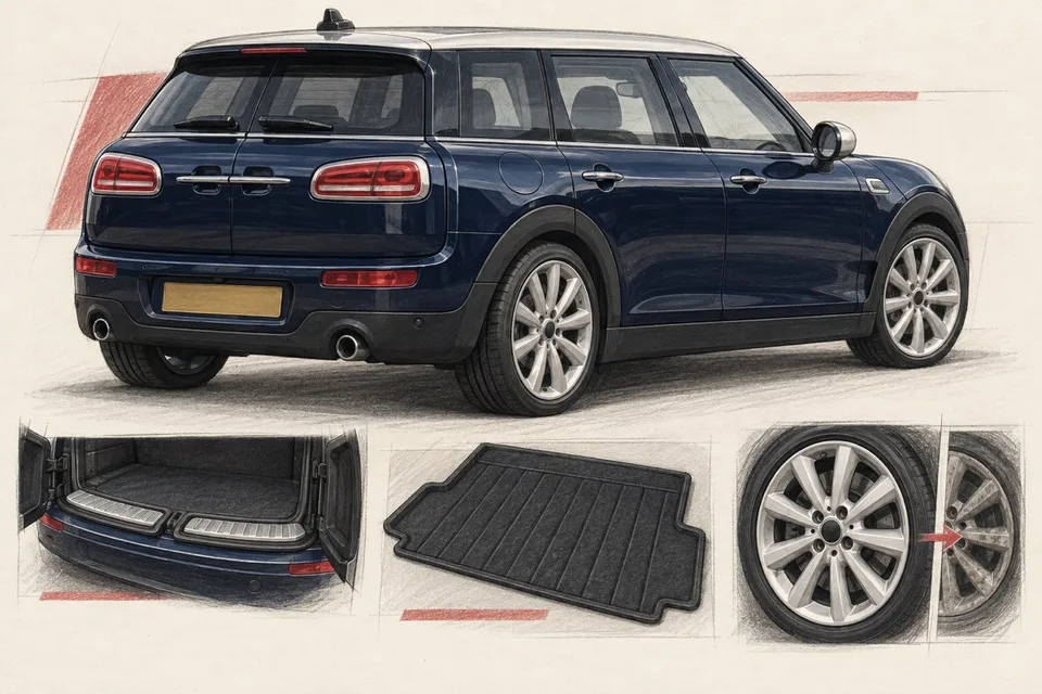 Синий MINI Clubman F54 с серебристой крышей: иллюстрация распашных дверей и оснащения багажника