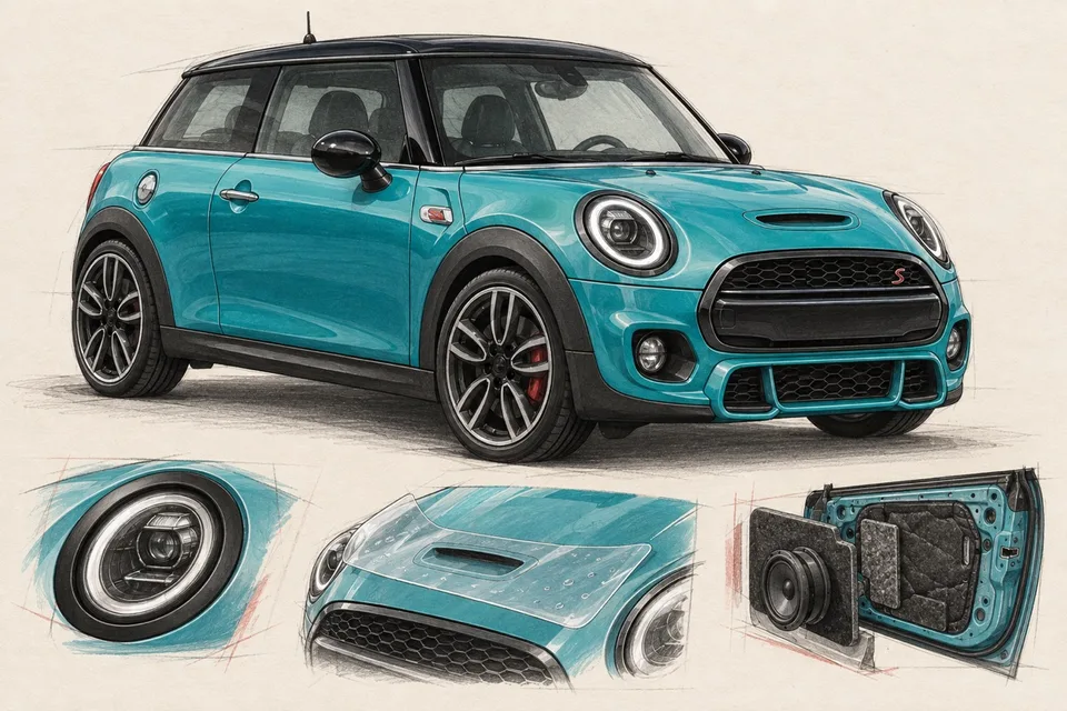 Бирюзовый MINI Hatch F56: иллюстрация защиты кузова и обработки двери под автозвук