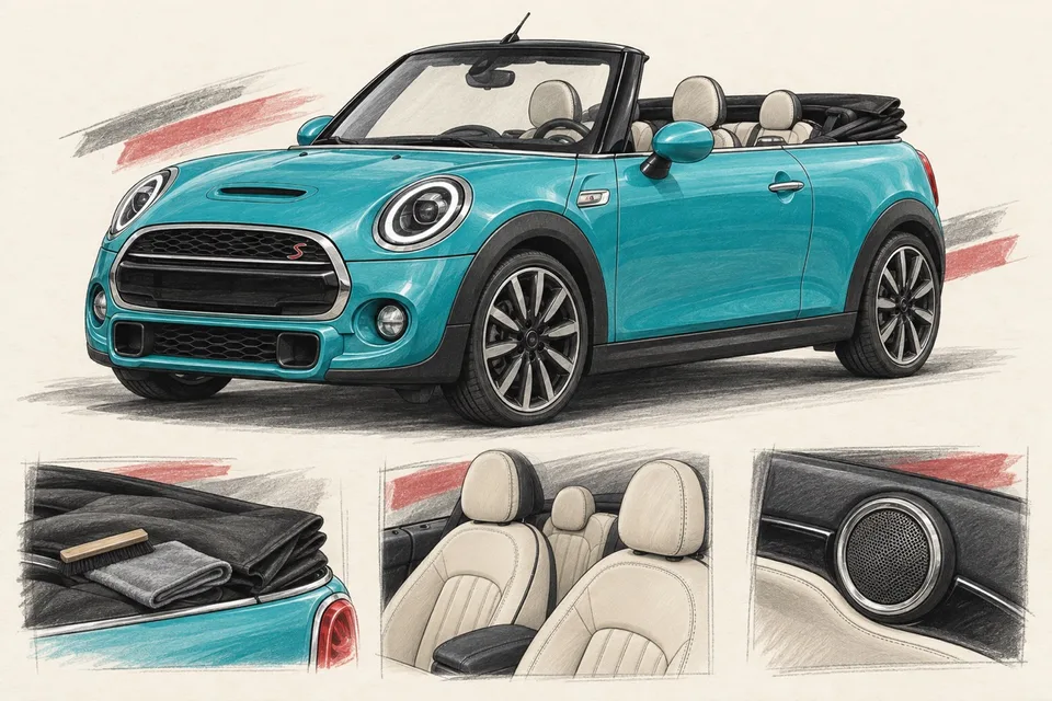 Бирюзовый MINI Convertible F57: иллюстрация ухода за крышей, отделки сидений и автозвука