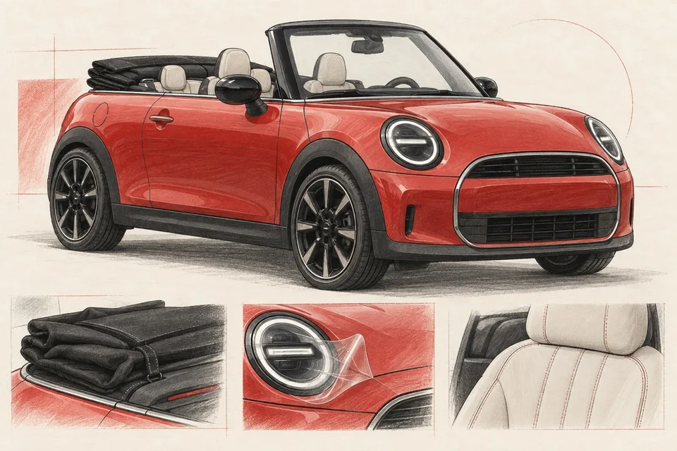 Красный MINI Cooper Convertible F67: иллюстрация мягкого верха, фар и отделки сидений