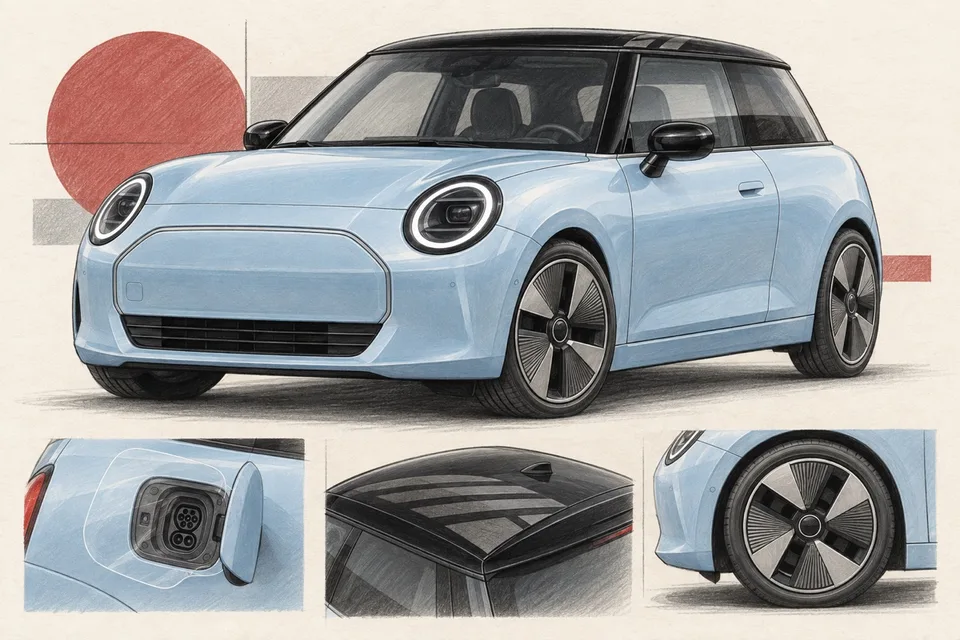Голубой электрический MINI Cooper J01: иллюстрация зарядки, оформления крыши и колёс