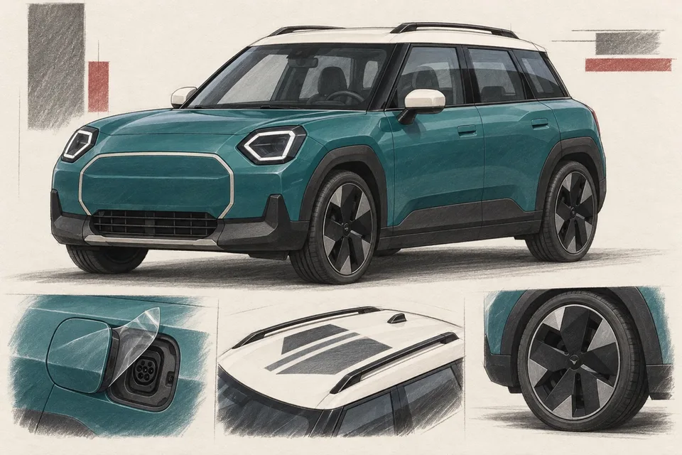 Бирюзовый MINI Aceman J05: иллюстрация зарядного разъёма, защиты кузова и графики крыши