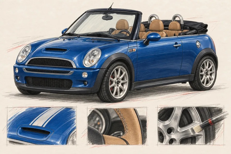 Синий MINI Convertible R52 со сложенным верхом: иллюстрация полос, руля и колёс