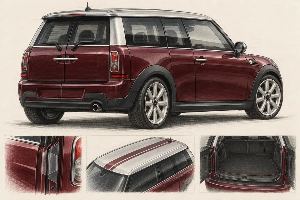 Бордовый MINI Clubman R55 с распашными задними дверями: иллюстрация графики и отделки багажника