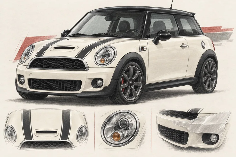 Белый MINI Hatch R56 с чёрной крышей: иллюстрация оформления капота и защиты фар