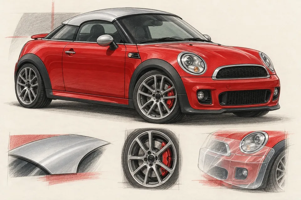 Красный MINI Coupé R58 с серебристой крышей: иллюстрация колёс и защиты передней части