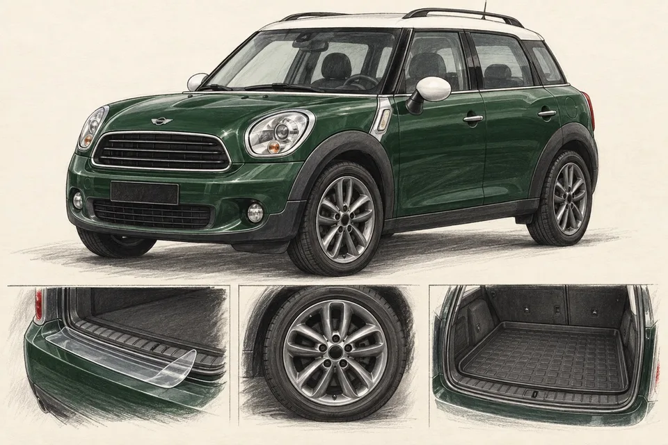 Зелёный MINI Countryman R60 с белой крышей: иллюстрация защиты багажного проёма и подбора колёс