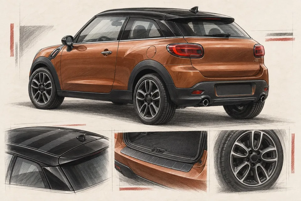 Оранжевый трёхдверный MINI Paceman R61: иллюстрация крыши, колёс и багажника
