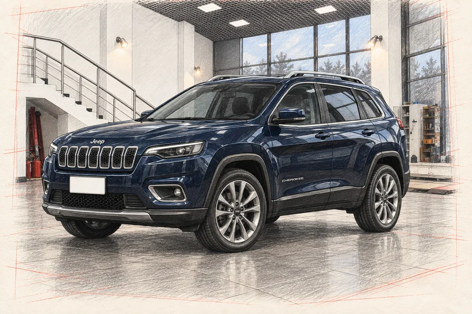 Синий Jeep Cherokee KL после обновления, передний ракурс и боковина