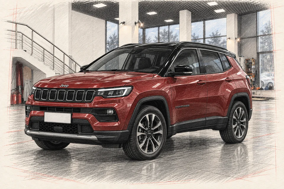 Красный Jeep Compass MP с чёрной крышей и наружными защитными накладками