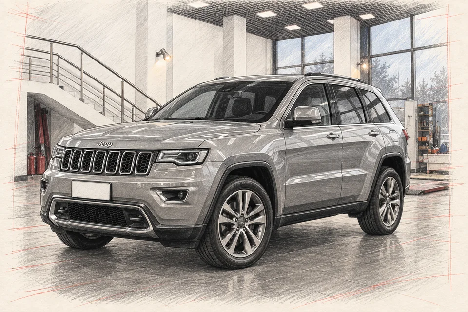 Серебристый Jeep Grand Cherokee WK2 с хромированным декором и дорожными колёсами