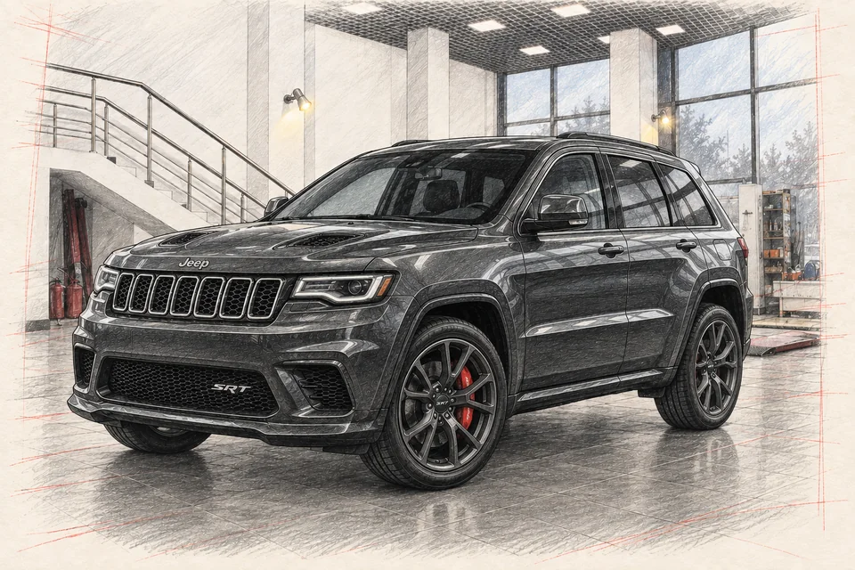 Тёмно-серый Jeep Grand Cherokee SRT WK2 со спортивным бампером, вентиляцией капота и красными суппортами