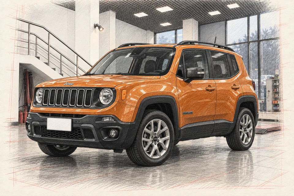 Оранжевый Jeep Renegade BU с круглыми фарами и чёрными накладками арок