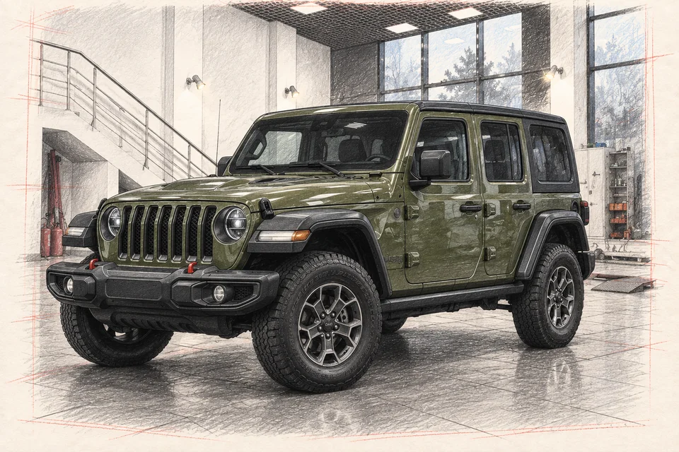 Оливковый Jeep Wrangler JL с четырьмя боковыми дверями и чёрной жёсткой крышей