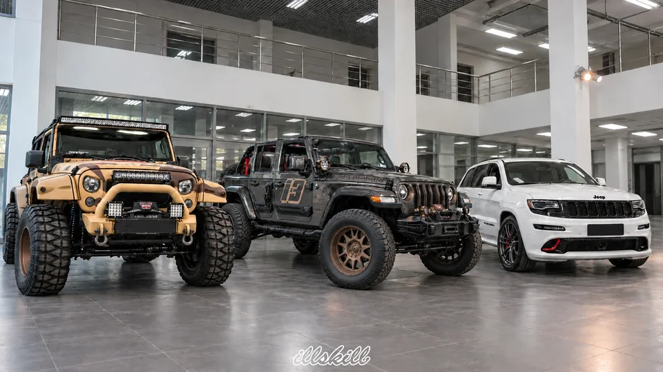 Песочный камуфляжный Jeep Wrangler, серый открытый Wrangler Rubicon с графикой 13 и белый Grand Cherokee
