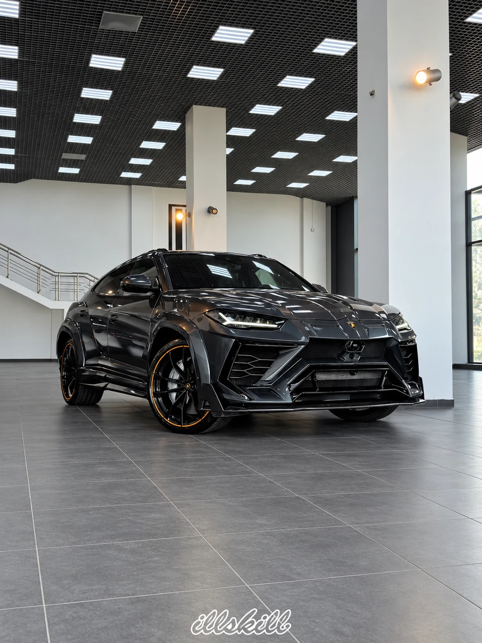 Lamborghini Urus в интерьере ILLSKILL, вид спереди в три четверти.