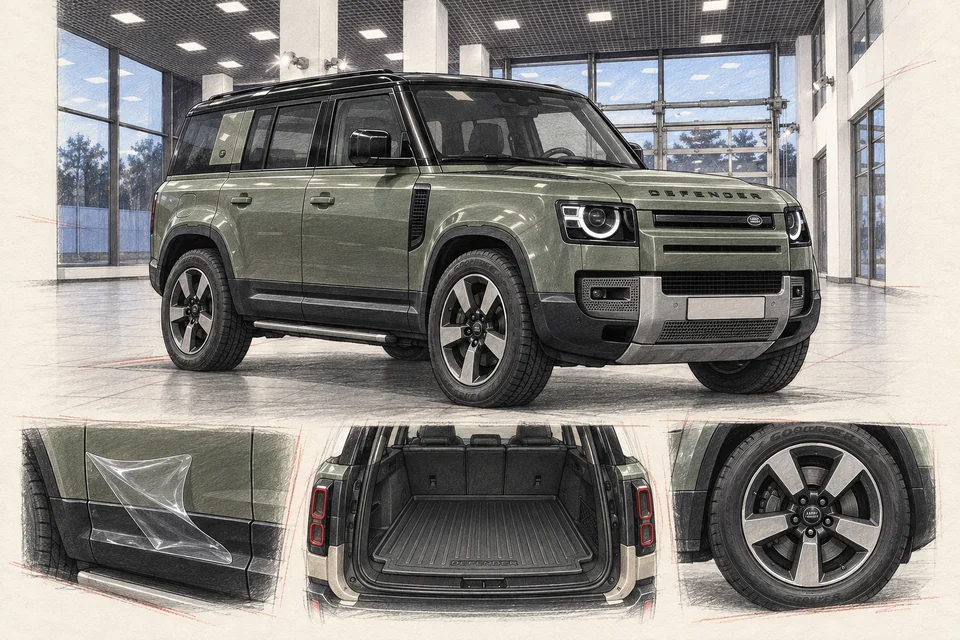 Иллюстрация зелёного Defender 110 L663 в мастерской ILLSKILL с примерами ухода и защиты