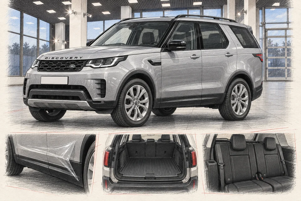 Иллюстрация серебристого Land Rover Discovery 5 L462 в мастерской ILLSKILL с примерами ухода и защиты