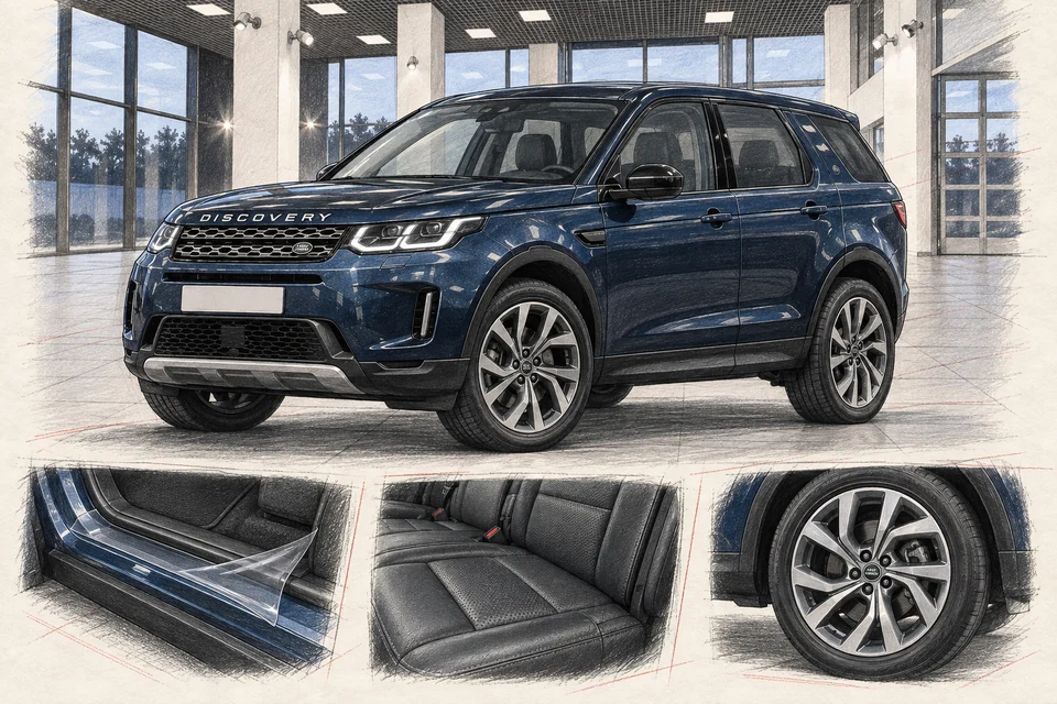 Иллюстрация синего Land Rover Discovery Sport L550 в мастерской ILLSKILL с примерами ухода и защиты
