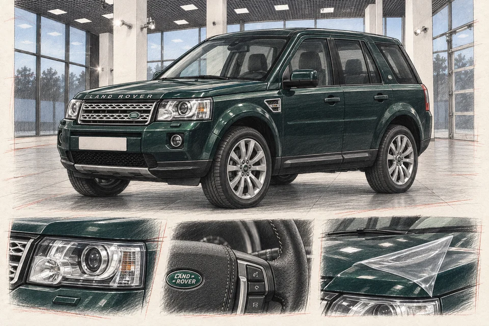 Иллюстрация зелёного Land Rover Freelander 2 L359 в мастерской ILLSKILL с примерами ухода и защиты
