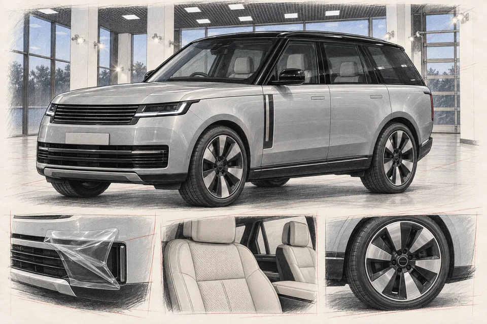 Иллюстрация серебристого Range Rover Electric в мастерской ILLSKILL с примерами ухода и защиты