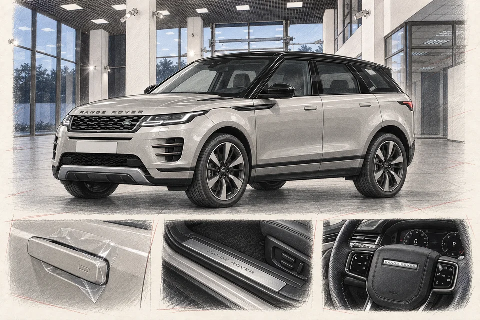 Иллюстрация серебристого Range Rover Evoque L551 в мастерской ILLSKILL с примерами ухода и защиты