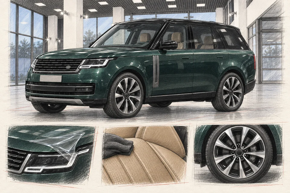 Иллюстрация тёмно-зелёного Range Rover L460 в мастерской ILLSKILL с примерами ухода и защиты