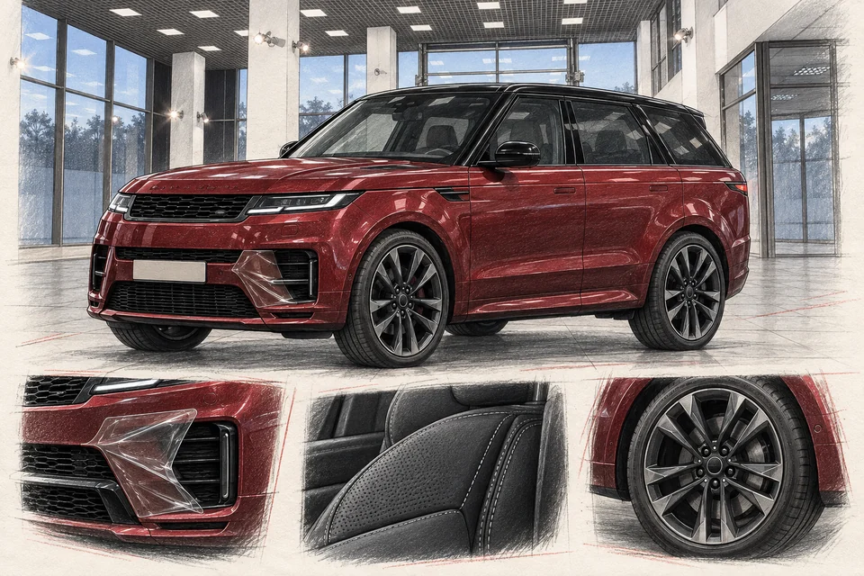 Иллюстрация красного Range Rover Sport L461 в мастерской ILLSKILL с примерами ухода и защиты