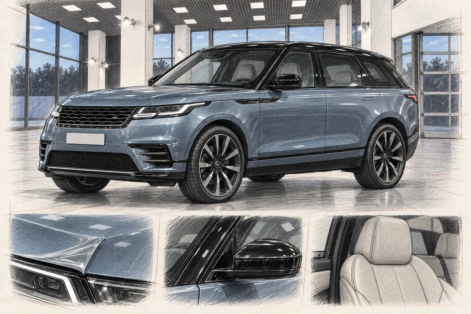 Иллюстрация серо-синего Range Rover Velar L560 в мастерской ILLSKILL с примерами ухода и защиты