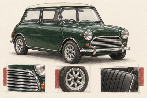 Зелёный классический Mini с белой крышей: иллюстрация решётки, колеса и отделки сиденья