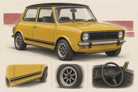 Жёлтый Mini 1275 GT с чёрными полосами: иллюстрация боковой графики, колеса и руля