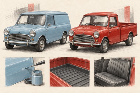 Синий Mini Van и красный Mini Pick-up: иллюстрация окраски, грузового отсека и сидений