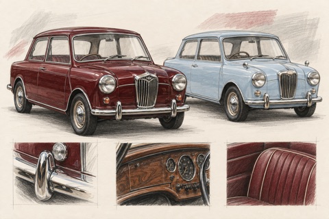 Бордовый Riley Elf и голубой Wolseley Hornet: иллюстрация хрома, деревянной панели и сиденья