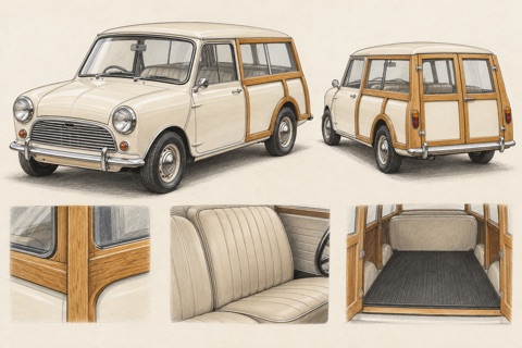 Кремовый Mini Estate с деревянной отделкой задней части: иллюстрация кузова, сидений и багажника