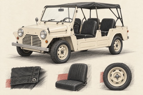 Кремовый Mini Moke с открытыми бортами: иллюстрация тента, сидений и колёс