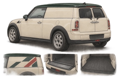 Кремовый MINI Clubvan R55 с зелёной крышей: иллюстрация боковой графики и грузового отсека