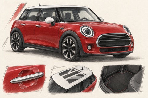 Красный пятидверный MINI F55 с белой крышей: иллюстрация защиты ручек, графики и ковриков
