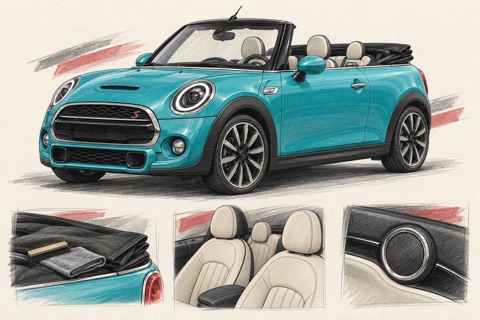 Бирюзовый MINI Convertible F57: иллюстрация ухода за крышей, отделки сидений и автозвука