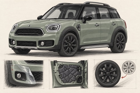 Серо-зелёный MINI Countryman F60: иллюстрация защиты кузова, шумоизоляции двери и колёс