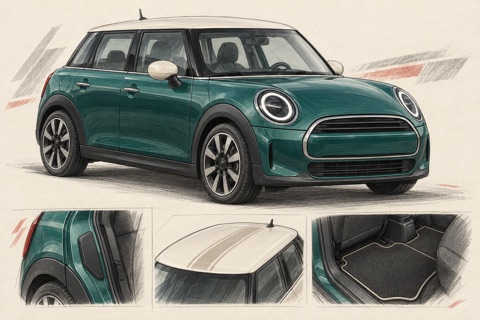 Зелёный пятидверный MINI Cooper F65: иллюстрация защиты двери, оформления крыши и ковриков