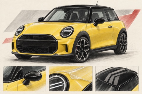 Жёлтый MINI Cooper F66 с чёрной крышей: иллюстрация защиты зеркал, фар и графики крыши