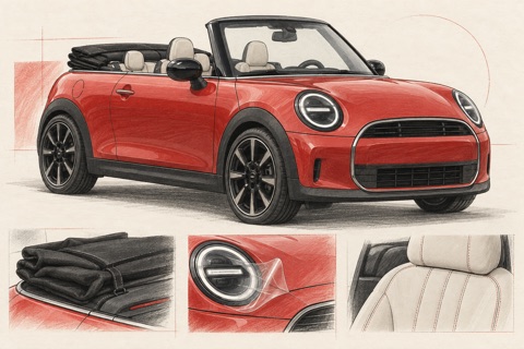 Красный MINI Cooper Convertible F67: иллюстрация мягкого верха, фар и отделки сидений