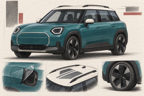 Бирюзовый MINI Aceman J05: иллюстрация зарядного разъёма, защиты кузова и графики крыши