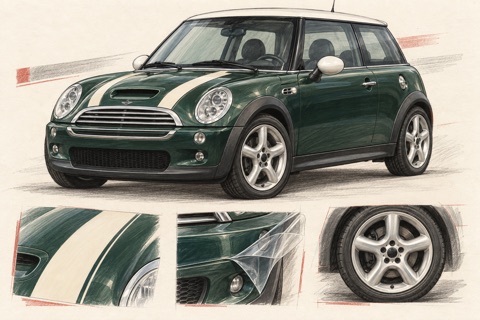 Зелёный MINI Cooper S R53 с белой крышей и полосами: иллюстрация оформления кузова и колёс