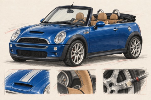 Синий MINI Convertible R52 со сложенным верхом: иллюстрация полос, руля и колёс